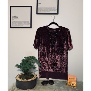 High Neck Plum Velvet String Up V-Neck